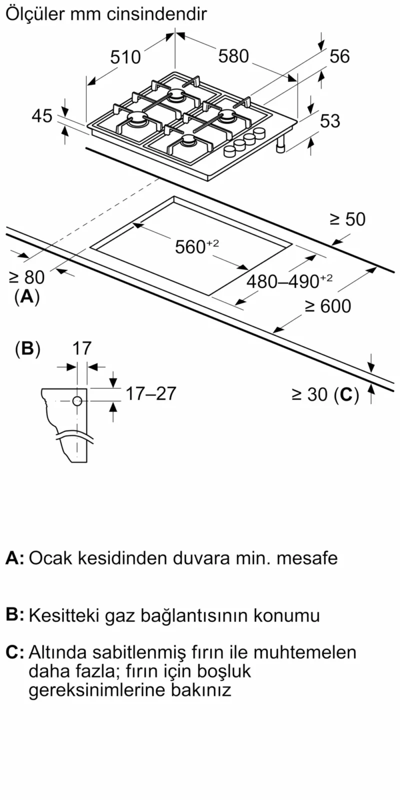 EB6C5PB82O iQ100 Gazlı Ocak 60 cm Paslanmaz çelik