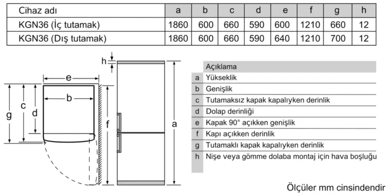 KG36NNLE0N iQ100 Alttan Donduruculu Buzdolabı 186 x 60 cm Inox görünümlü, Total noFrost