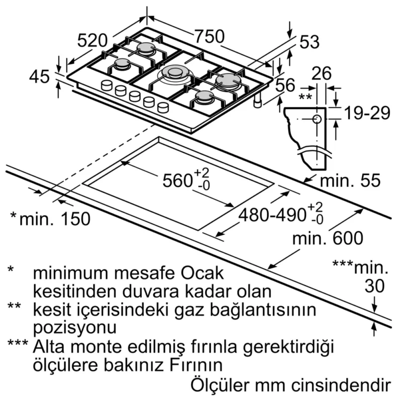 EN7B6QP30O iQ300 Gazlı Ocak 75 cm Sert cam, Siyah